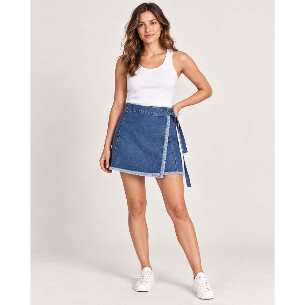 Madewell Denim Wrap Mini Skirt Size 6 Raw Hem Tie Waist